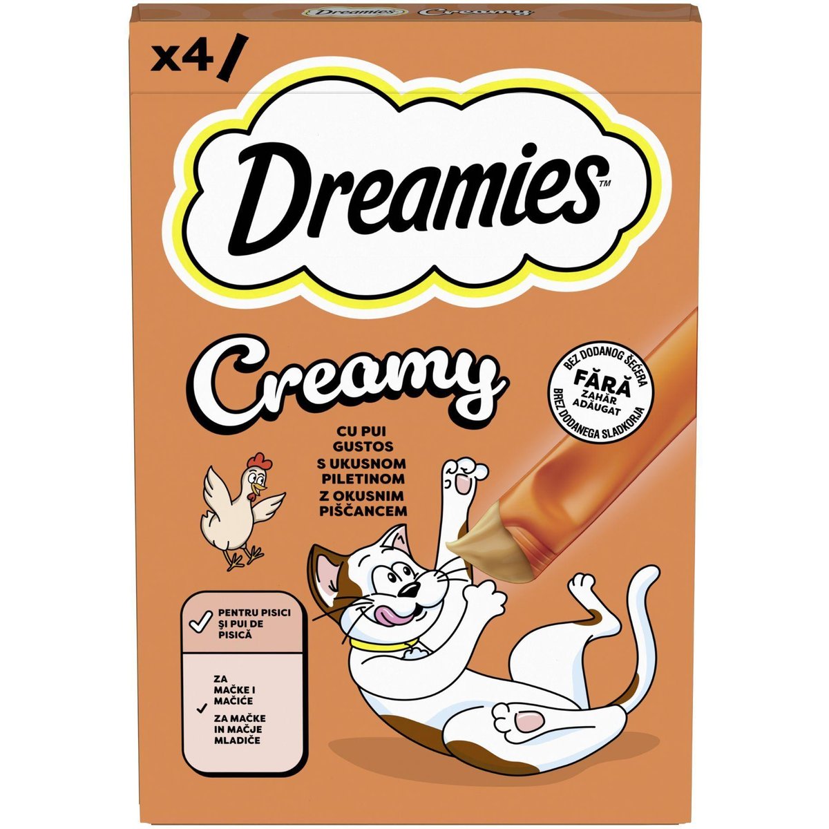 Dreamies Creamy Recompense pentru pisici, cu gust de pui, 4x10g