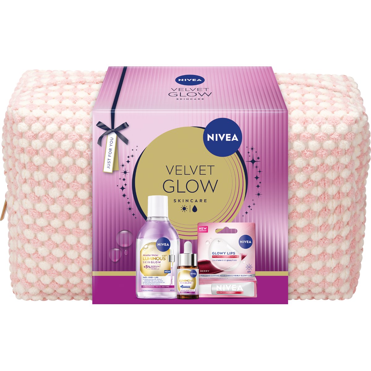 Nivea Geanta Velvet Glow Ser pentru ten, apa micelara si balsam de buze